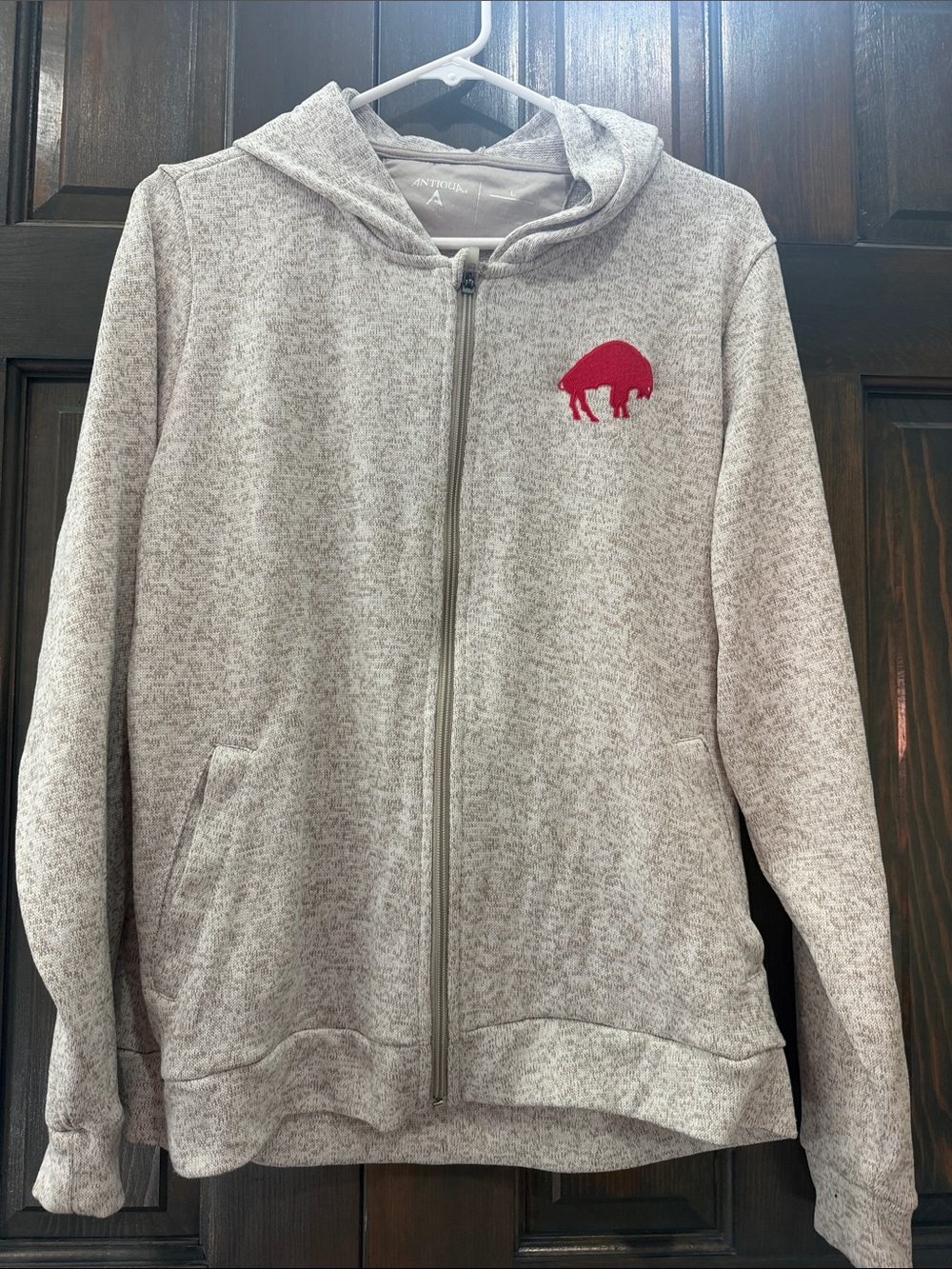 Women’s Heather cream and tan zip up Hoodie with Red Buffalo bills Emblem NFL